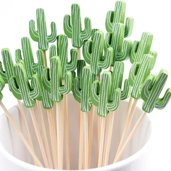 100 Db x Haza Party Esküvői Kellékek Eldobható 120mm Koktél Kaktusz Zöld Bambusz Gyümölcsöt szedni Nyárs