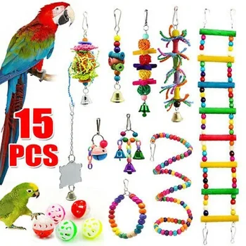 15 darabos Készlet Madár Kellékek Papagáj Játék Kombináció Mászni a Létrán, Gyöngyök Forgó Bell String Falatot Játékok Papagáj Képzés Játékok