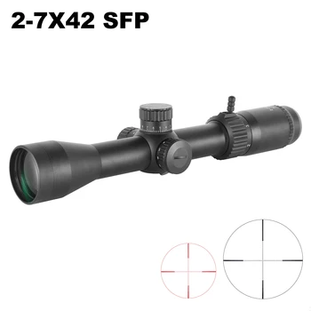 2-7X42 SFP Taktikai Hosszú szemtávolság Puskája Széles Látószögű Airsoft Riflescope Vadászat Optika Lövés Fegyver Elől Piros Fény