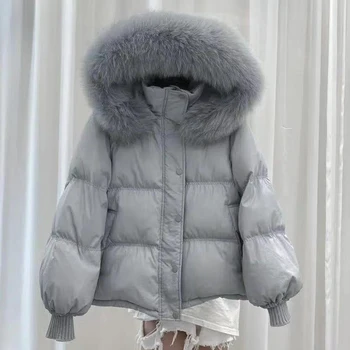 2023 Új Téli Női Kabát Fehér Kacsa Le Sűrűsödik Rövid Kapucnis Outwear Bolyhos Valódi Szőrme Gallér Divat Meleg Kabát, Anorák