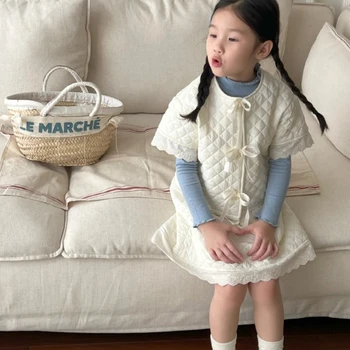 2023 Őszi Téli Új Lányok egyszínű Csipke Kabát, illetve Szoknya, Édes Két darabos Készlet, a Lányok, Gyermekek Ruházat Meghatározott koreai Stílus