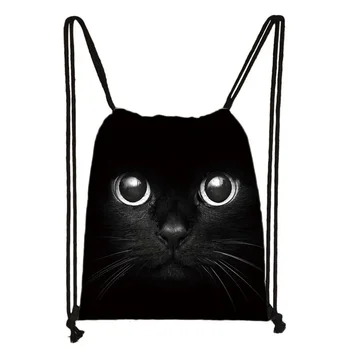 Aranyos Fekete Macskával Nyomtatás Hátizsák Vászon Húzózsinórral Nők Férfiak Váll Táska Utazás Tároló Cipő Jogosultja