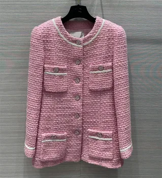 Európában, mind az Egyesült Államok női 2024-es téli új, Kerek nyakú, Hosszú ujjú egysoros rózsaszín zsebében divat a Hosszú tweed kabát