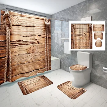 Fából készült Rusztikus Zuhanyzó Függöny Szett Parasztház Barna csúszásgátló Szőnyegek, Wc Tetejét Borító Szőnyeg Vízálló Fürdőszoba Dekoráció Készlet