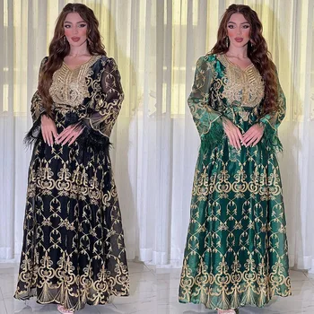 Ramadán Szaúd-Arábia Dubai Női Arany Hímzett Gyönyörű Jalabiya Közel-Keleti Köntösben Muszlim Luxus Divat Estélyi Ruha